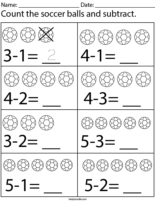 Count and subtract the soccer balls Math Worksheet Twisty Noodle